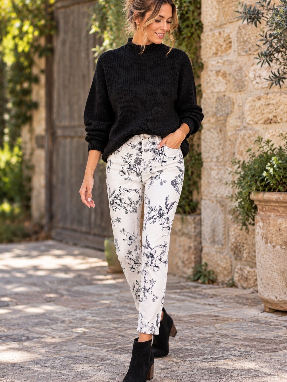 White House Black Market The Skinny Floral Ankle Jeans Size 8 Black White